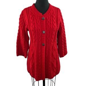 Kilronan Knitwear Red Ireland New Wool Cable Knit 3/4 Sleeve Cardigan Sweater L